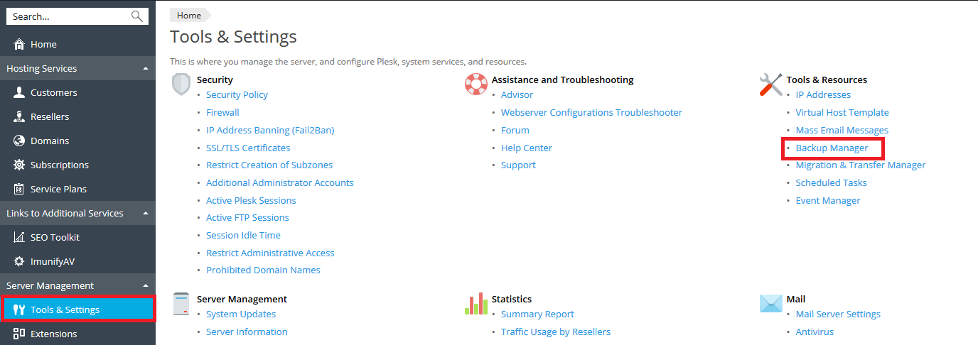 plesk admin tools & settings backup manager