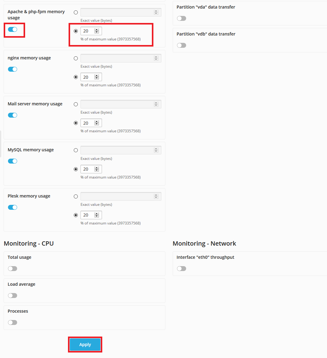 plesk advanced monitoring memory warning settings