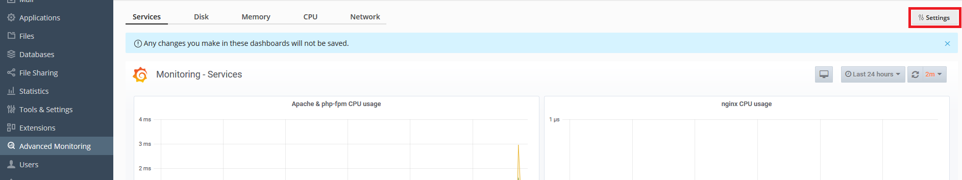 plesk advanced monitoring settings