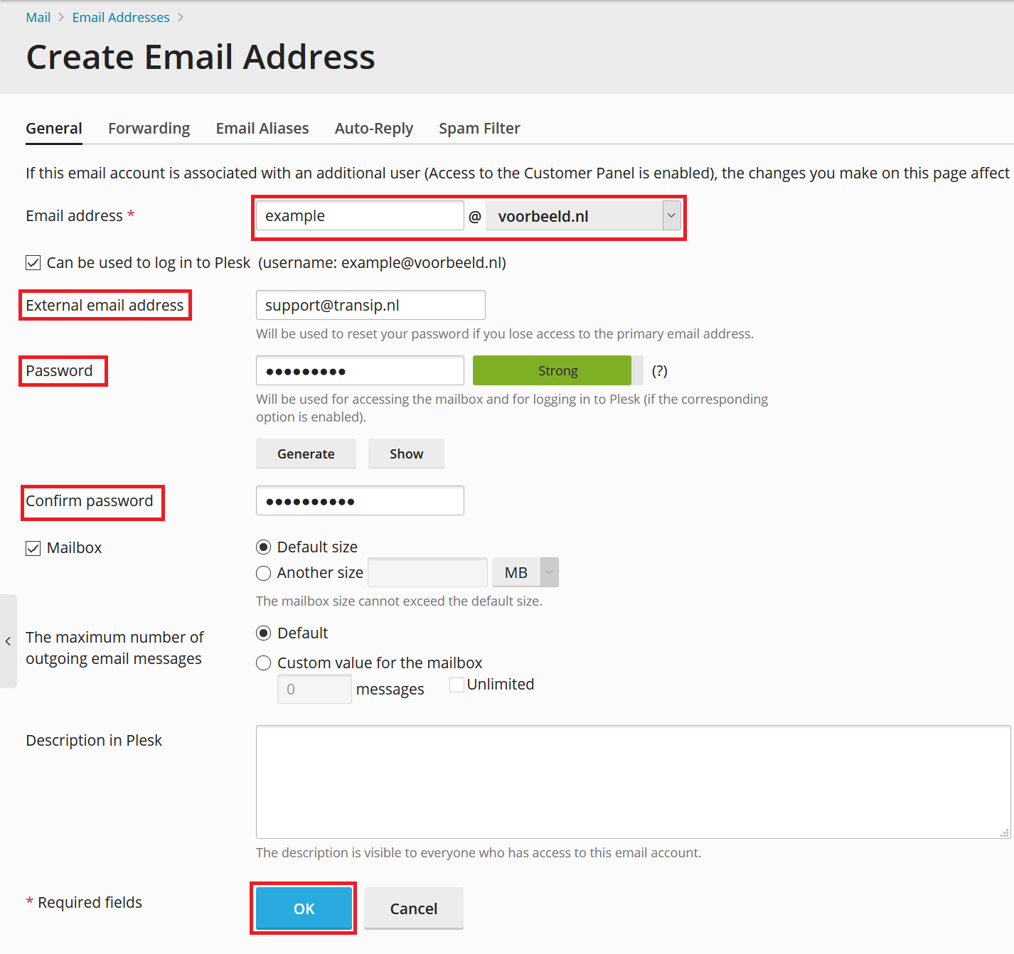 plesk create email address