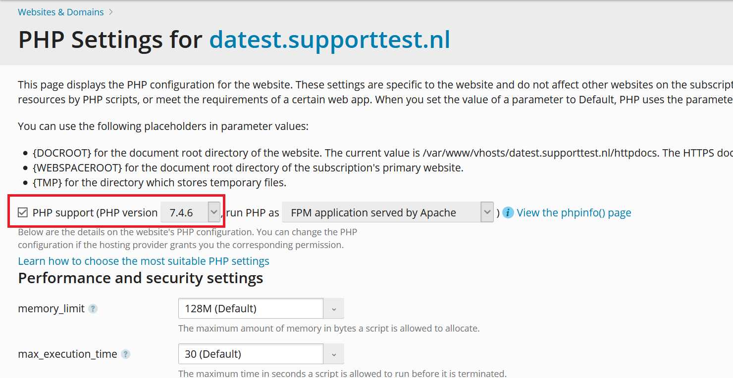 plesk domain php settings