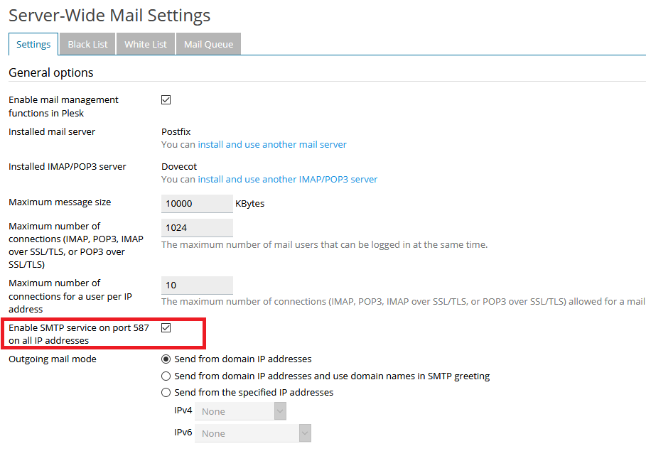 plesk enable port 587