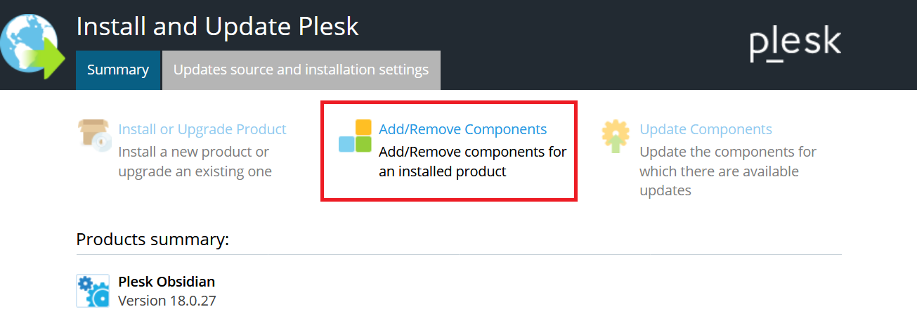 plesk add or remove components