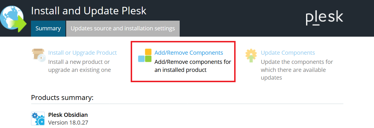 plesk add and remove product components