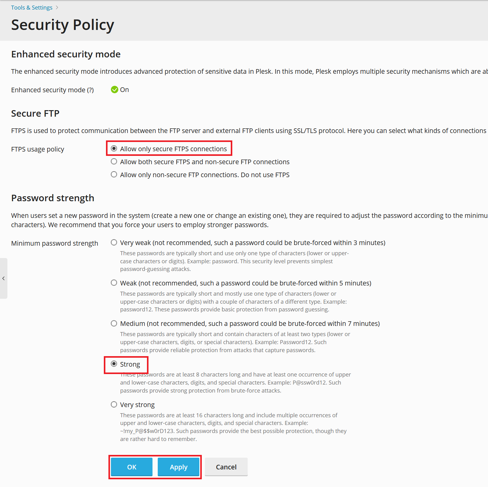 plesk security policy settings