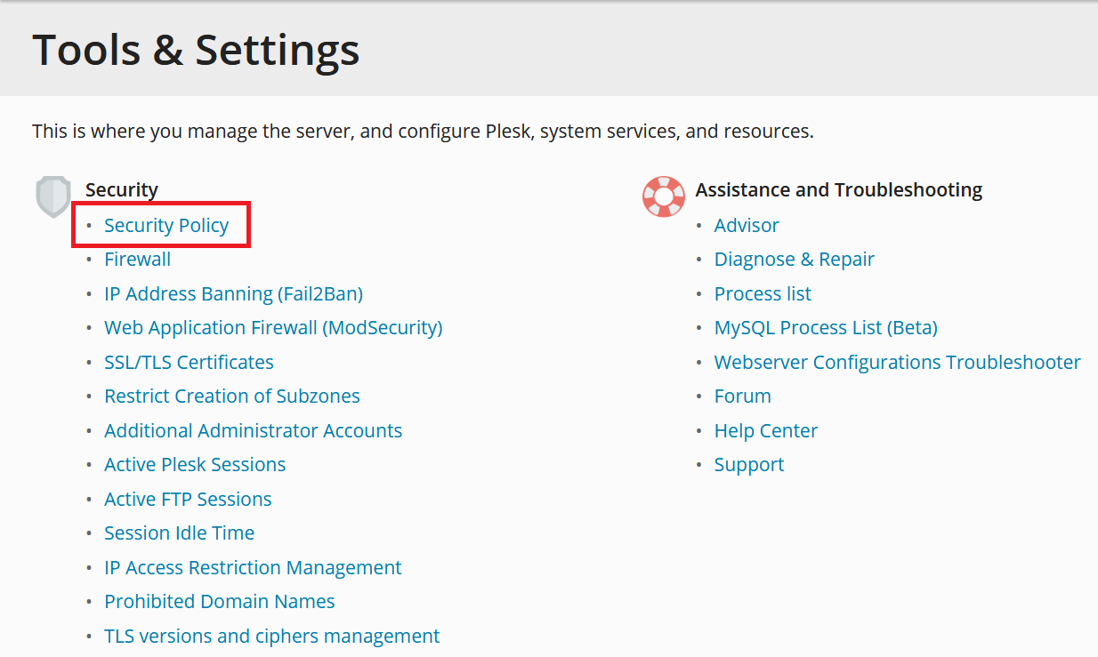 plesk security policy