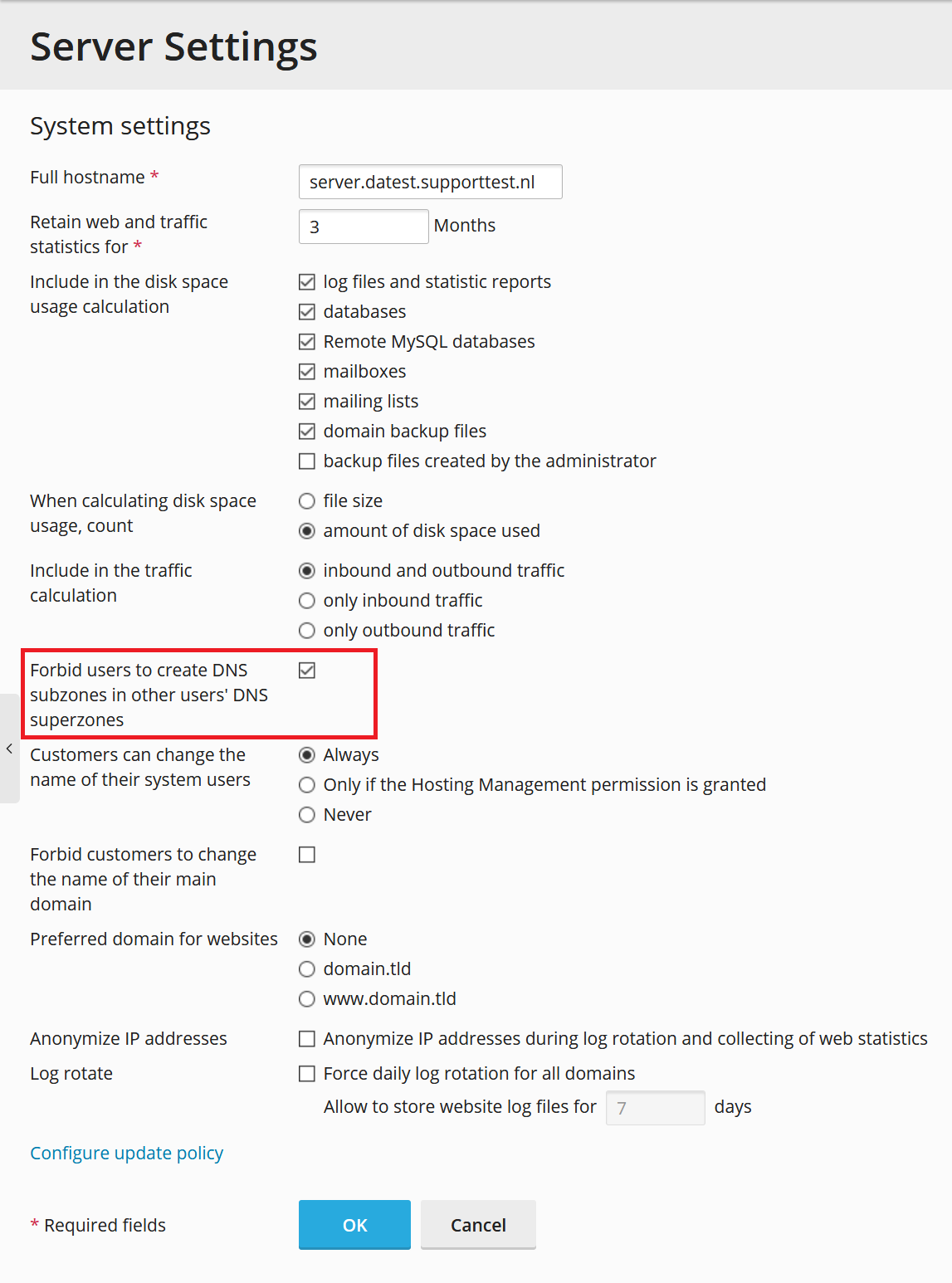 plesk server settings forbid dns