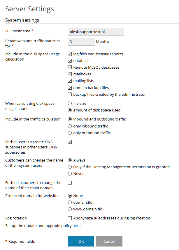 plesk server settings