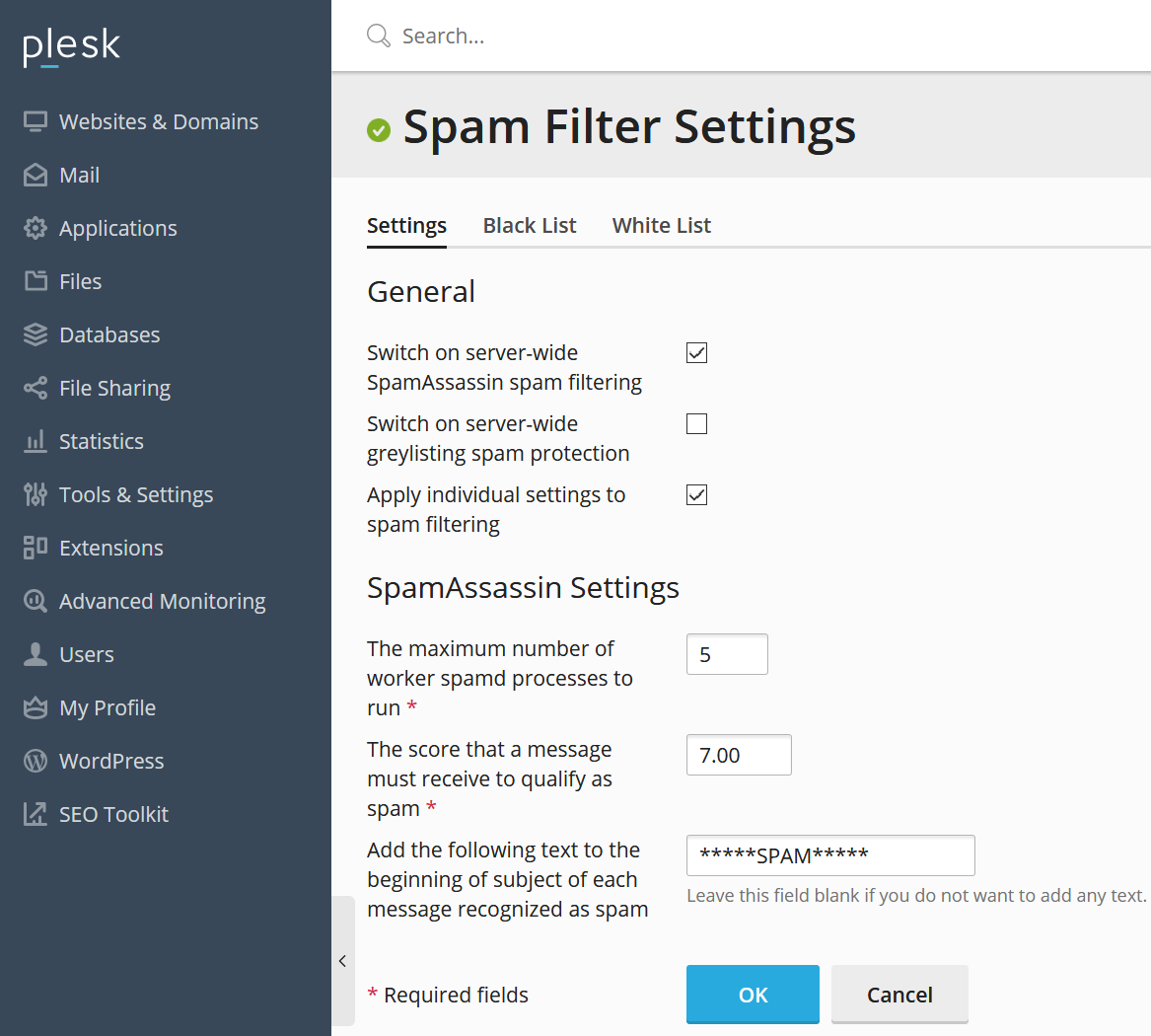plesk spam filter settings