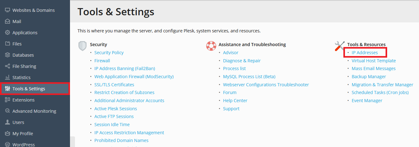 plesk tools and settings ip addresses