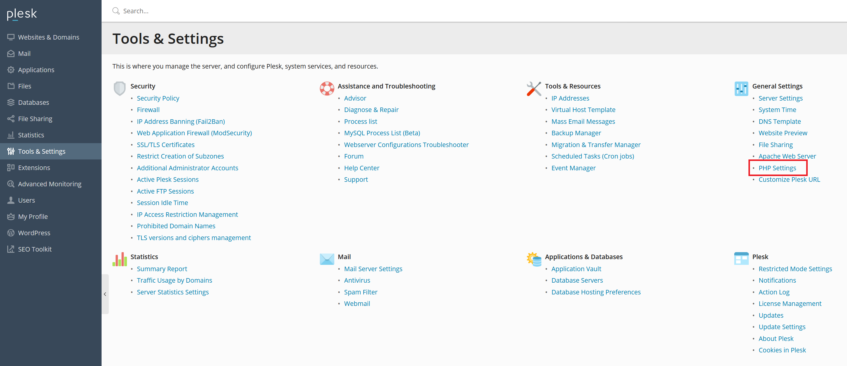 plesk tools and settings php settings