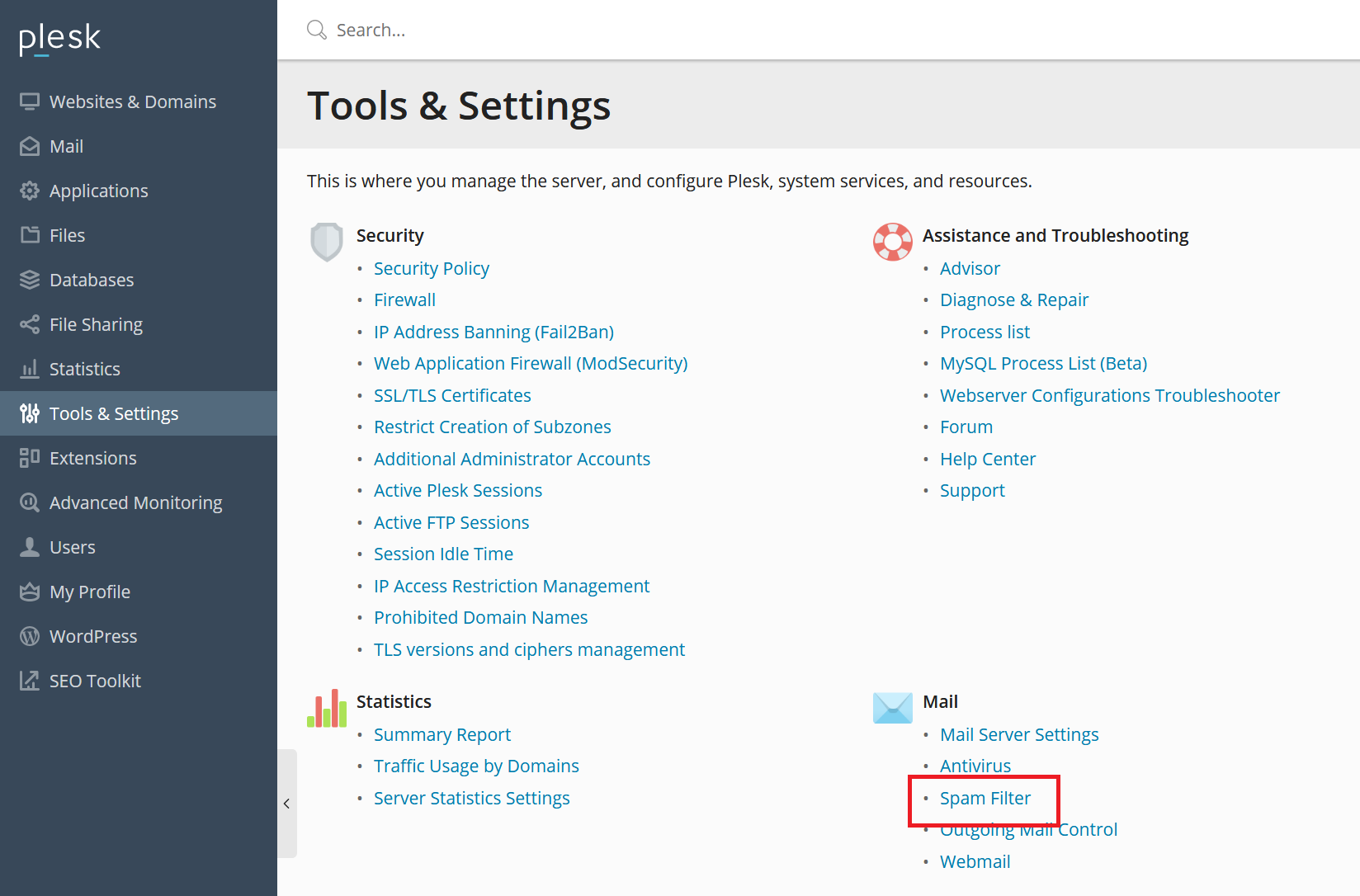 plesk tools and settings spam filter