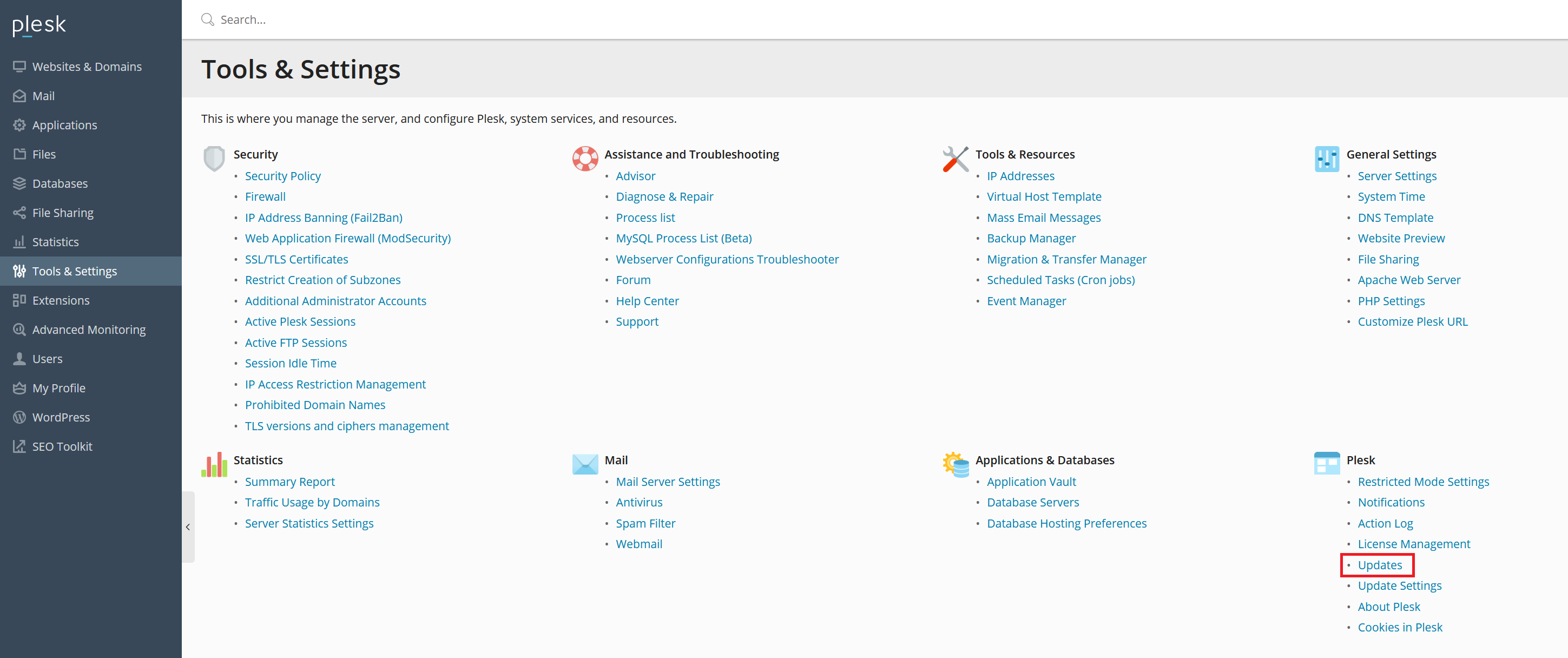 plesk tools and settings updates