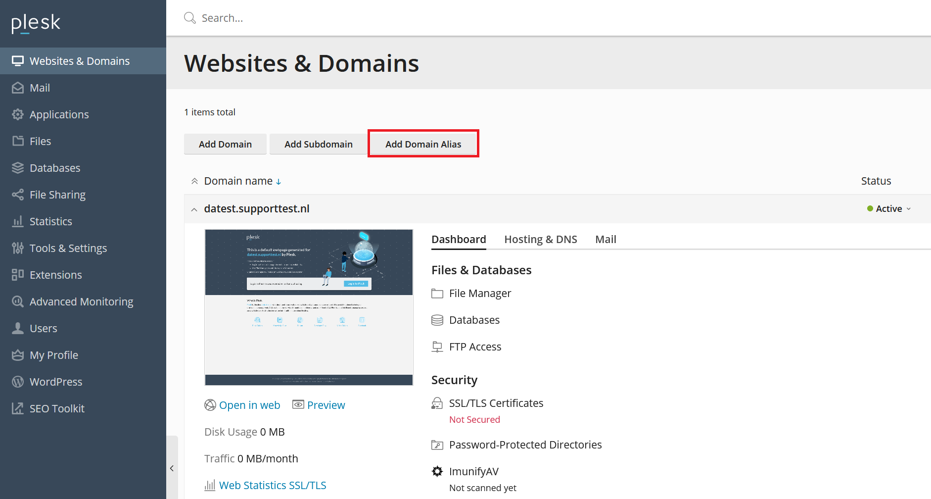 plesk websites and domains add alias