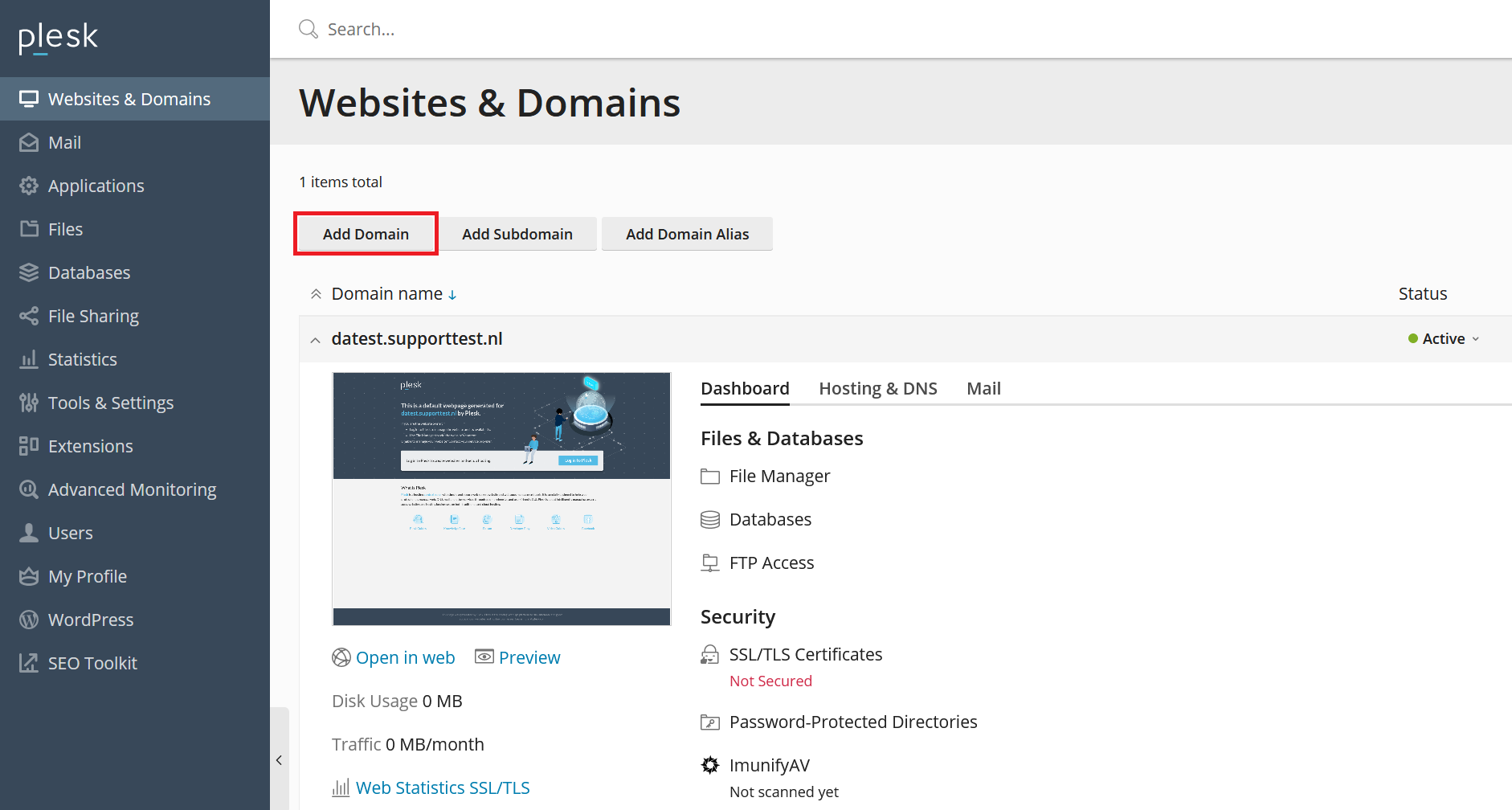 Plesk websites and domains add domain