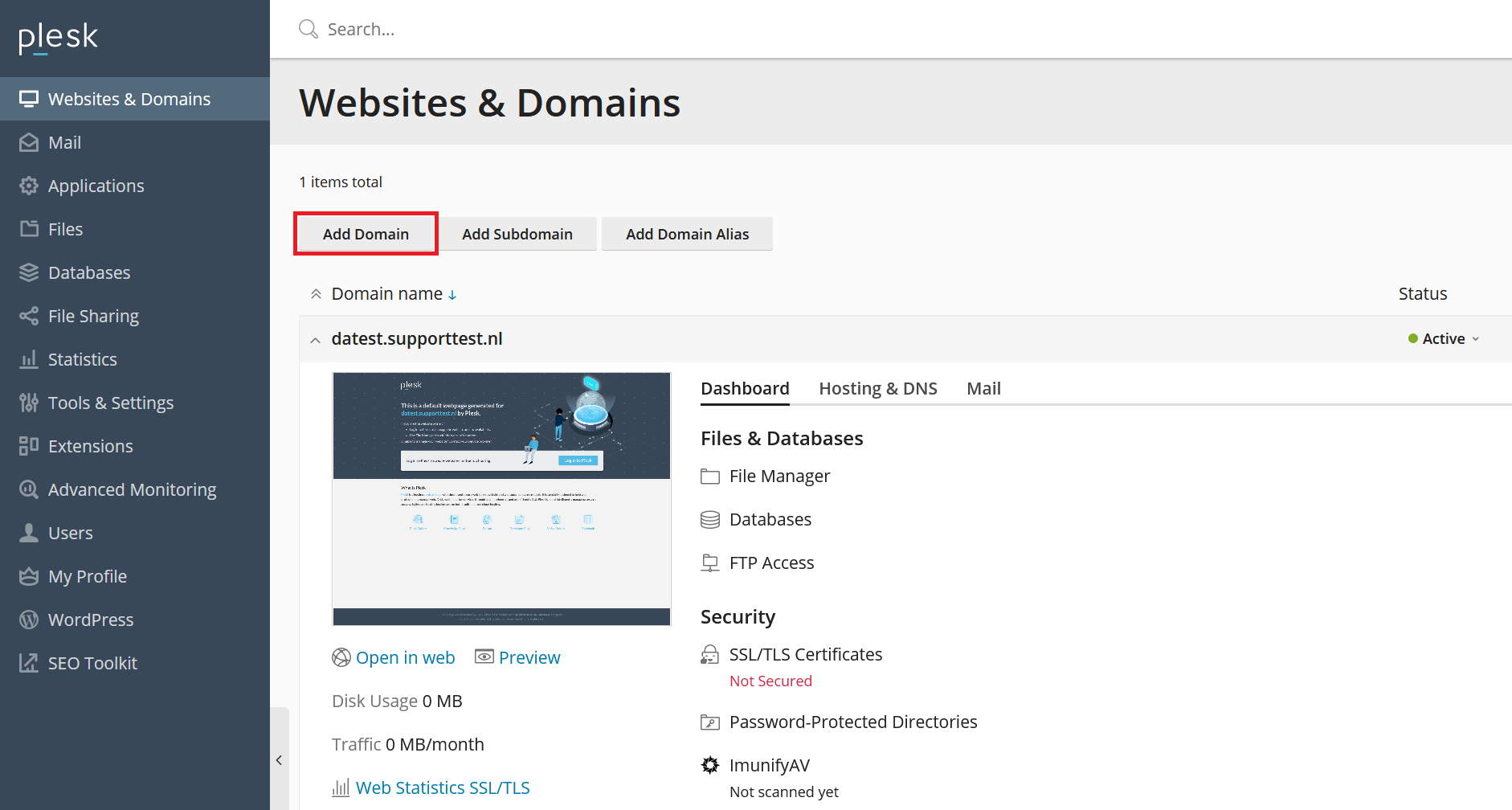 plesk websites and domains - add domain