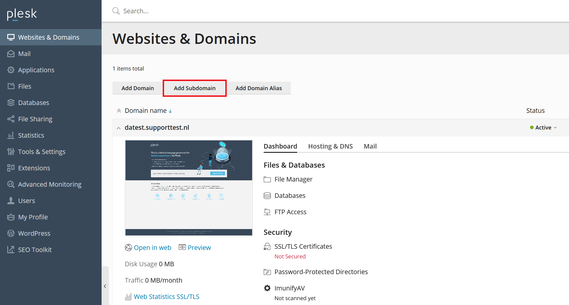 plesk websites and domains - add subdomain