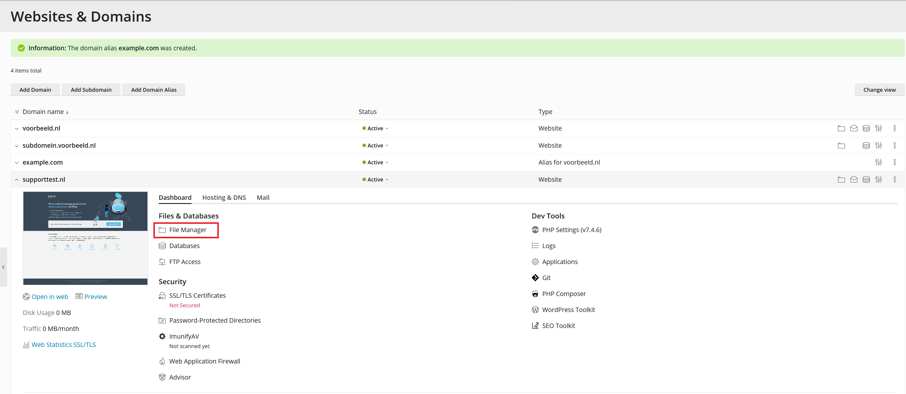 Plesk websites and domains file manager