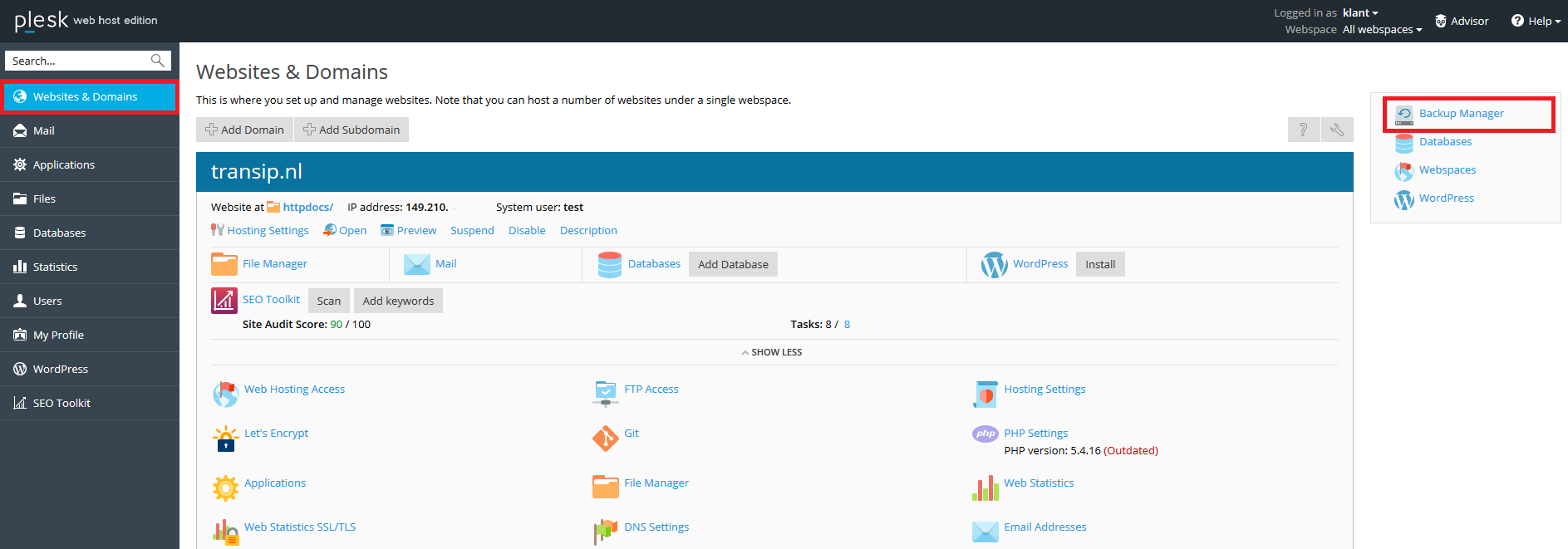 plesk websites and domains backup manager