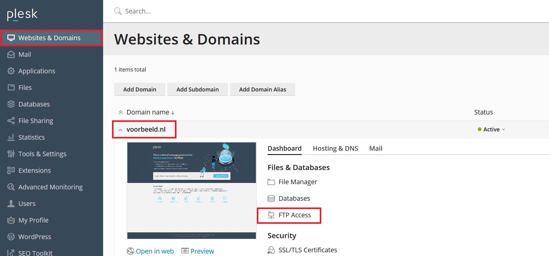plesk webhosting and domains - ftp access