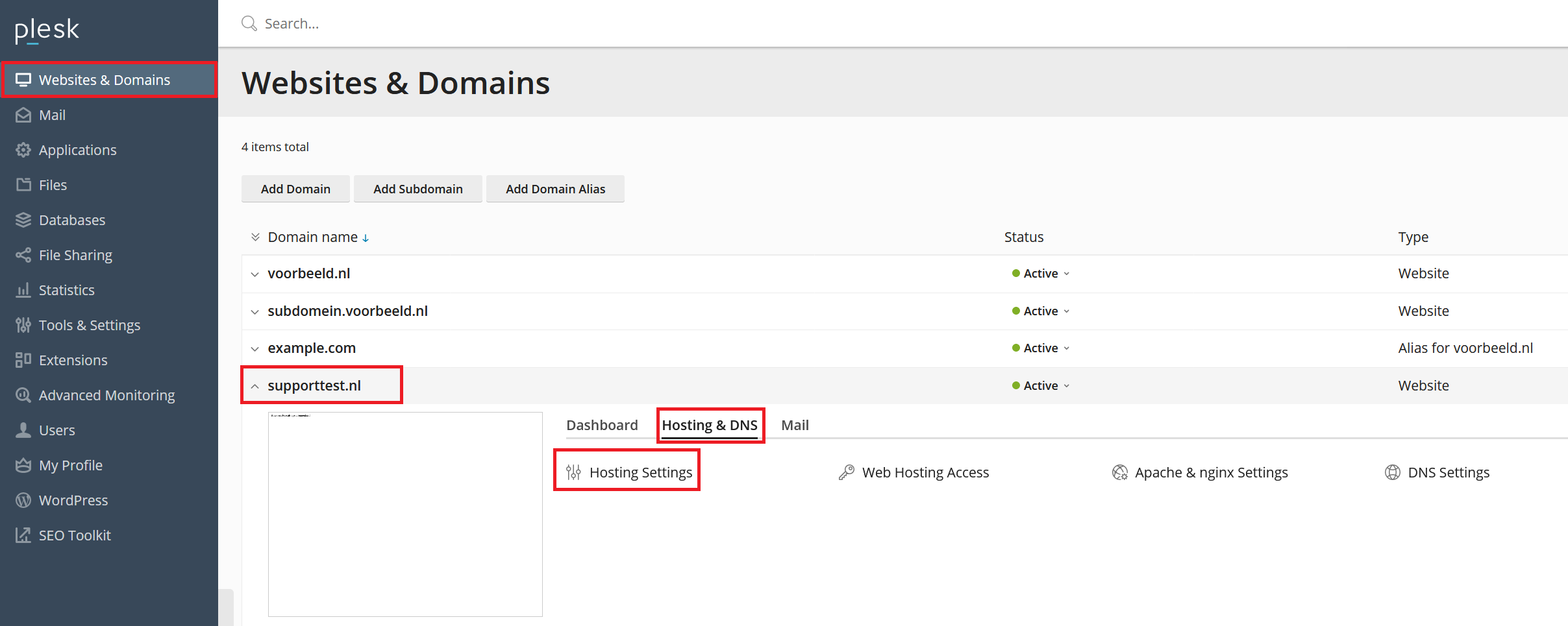 plesk websites and domains hosting & dns hosting settings