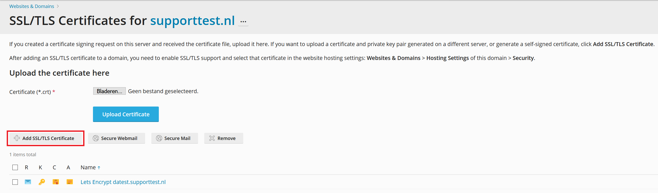 plesk website and domains add ssl certificate