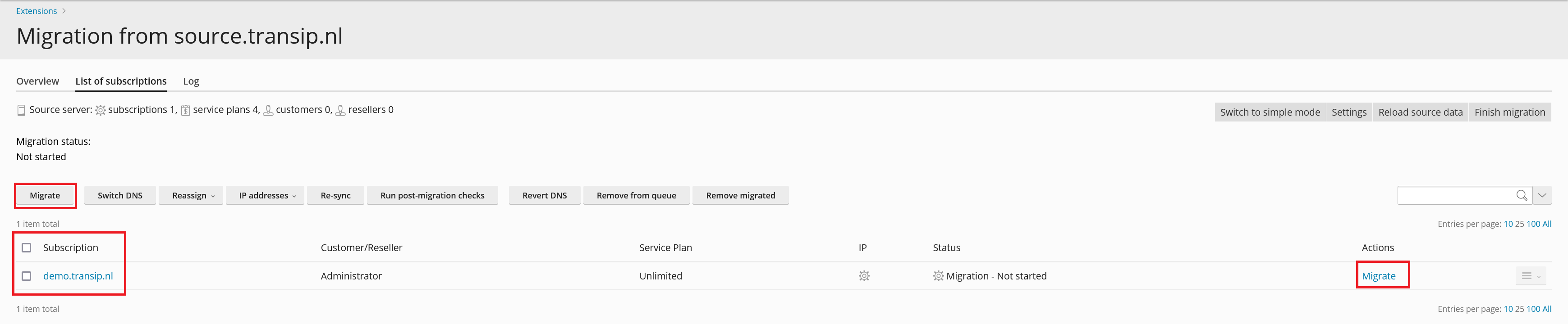 plesk migration subscriptions