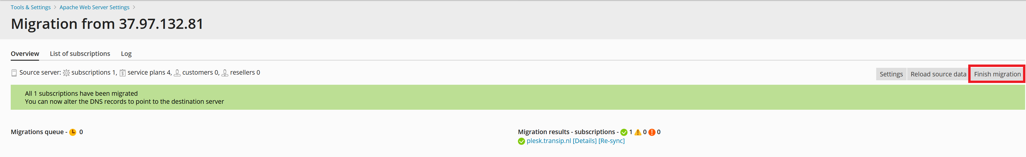 plesk migrator migration finished