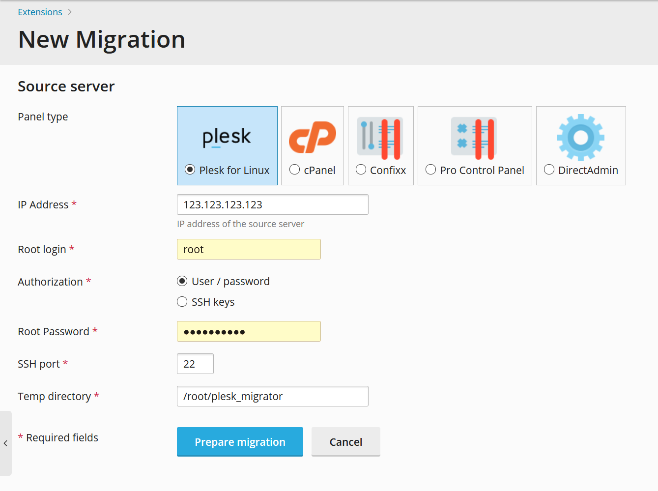 plesk migrator prepare migration