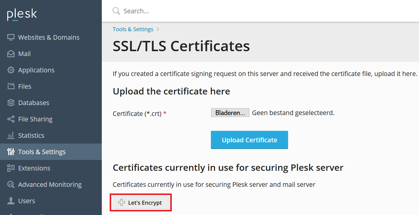 Plesk Let's Encrypt certificaat toevoegen