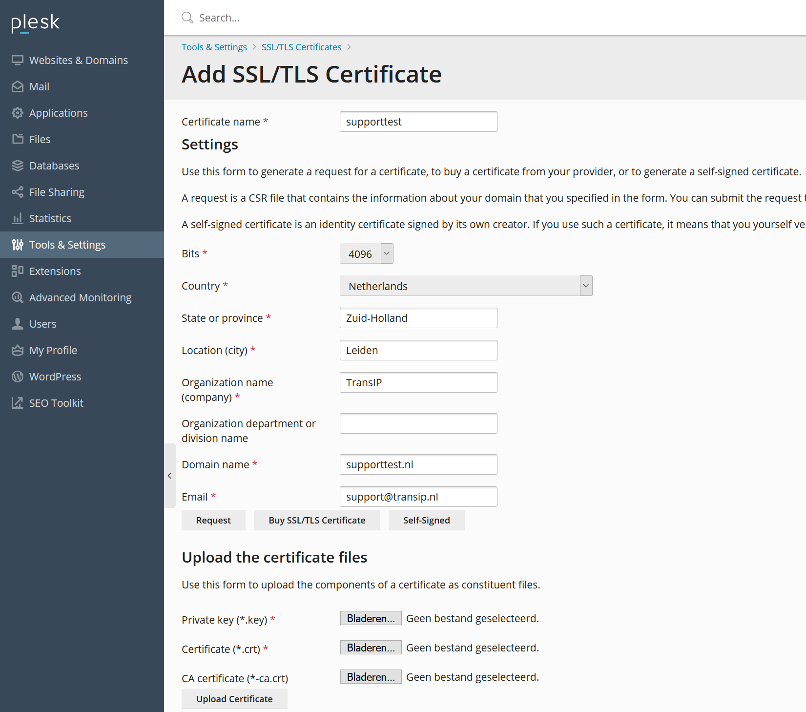 Plesk add SSL certificate settings