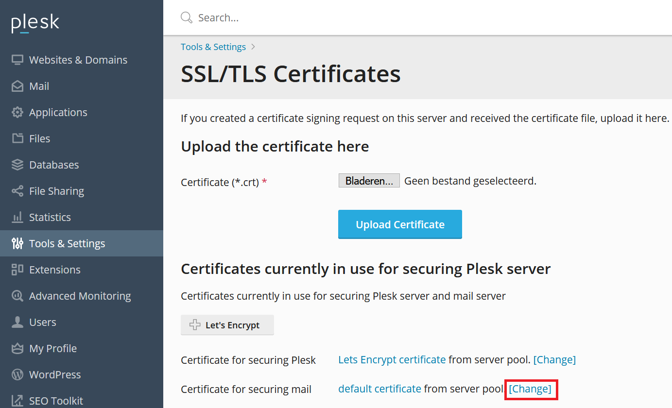 Plesk change SSL for mail button