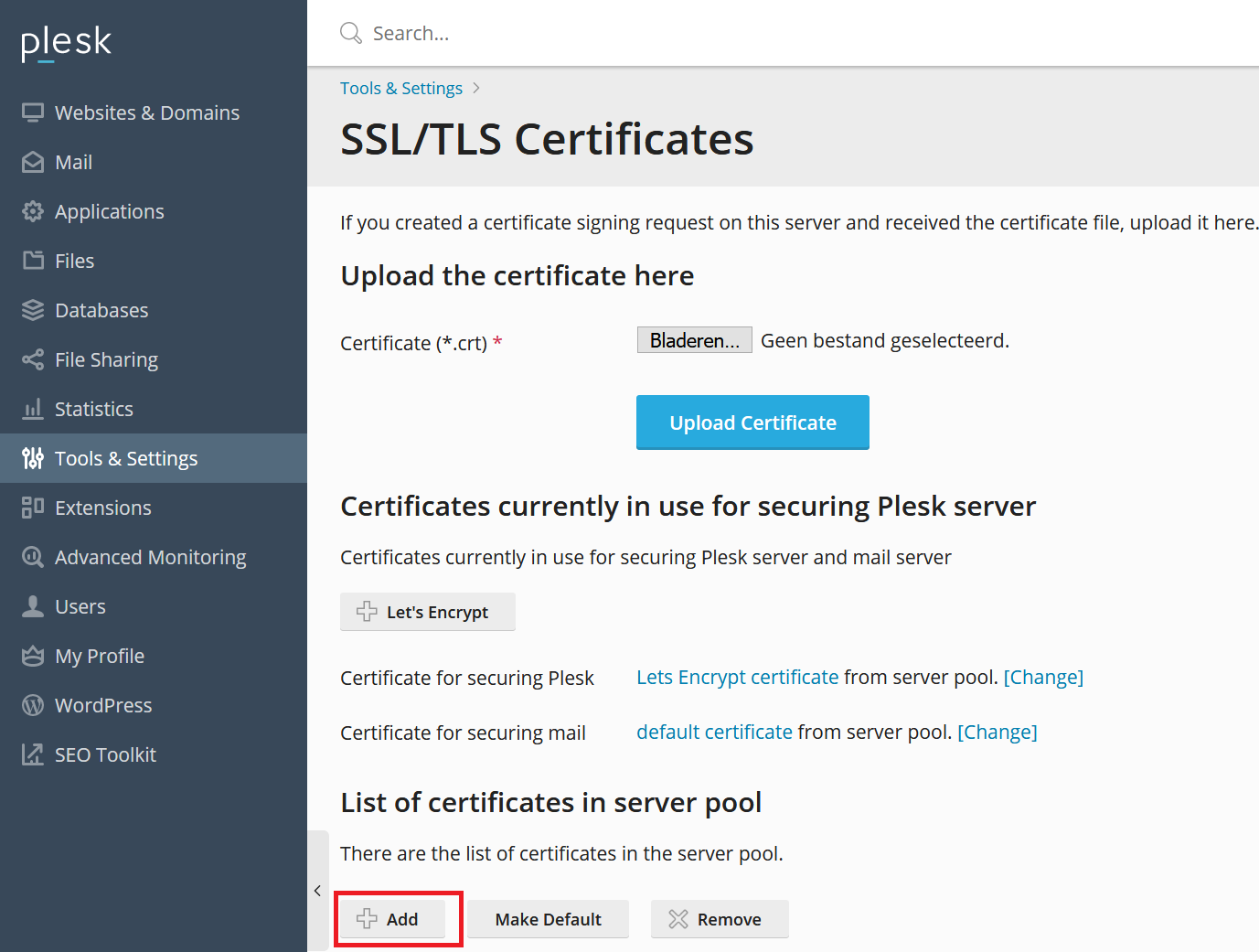 Plesk ssl certificaat toevoegen