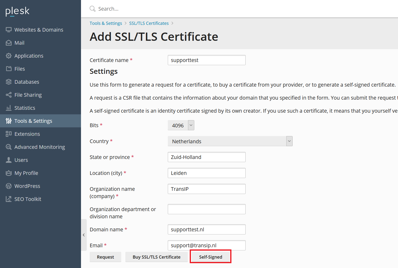 Plesk add SSL certificate settings