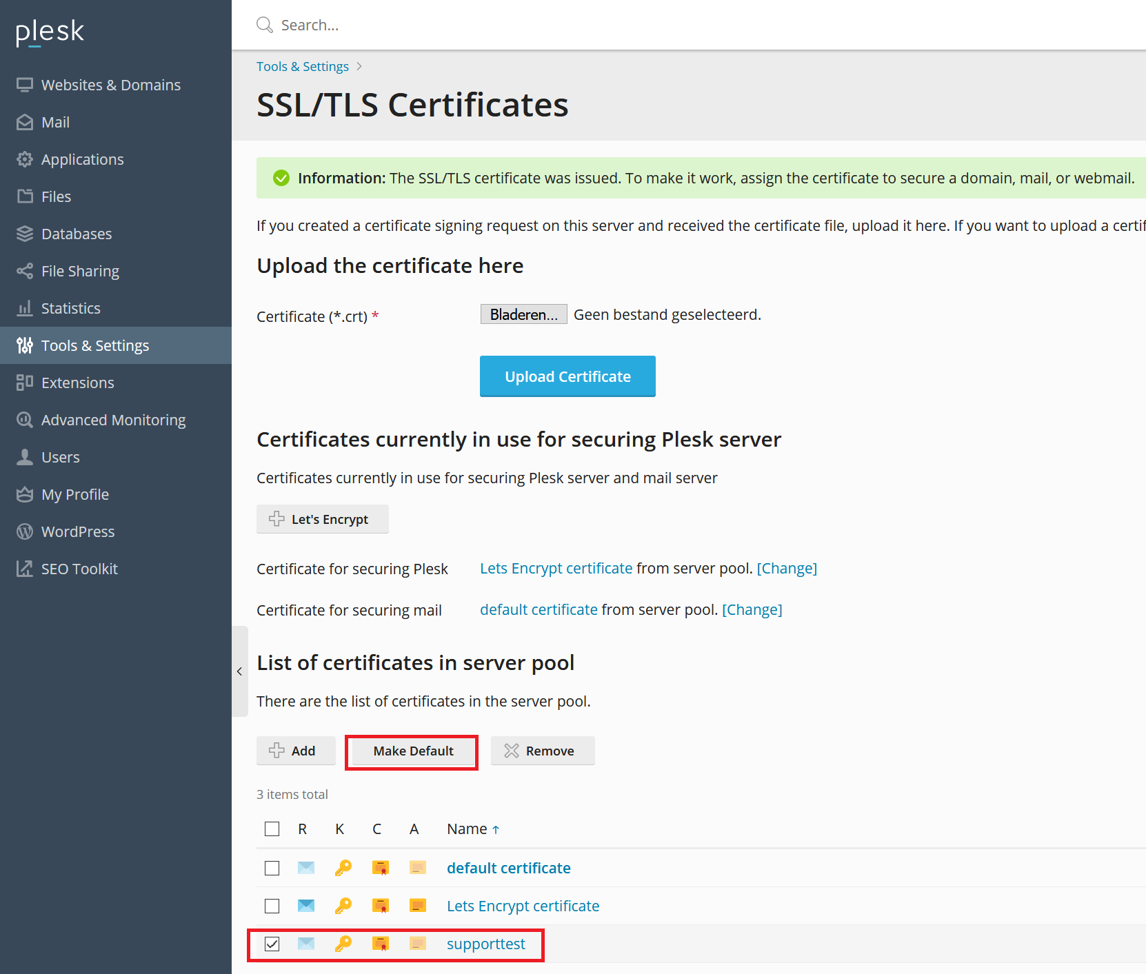 Plesk SSL make new certificate the default