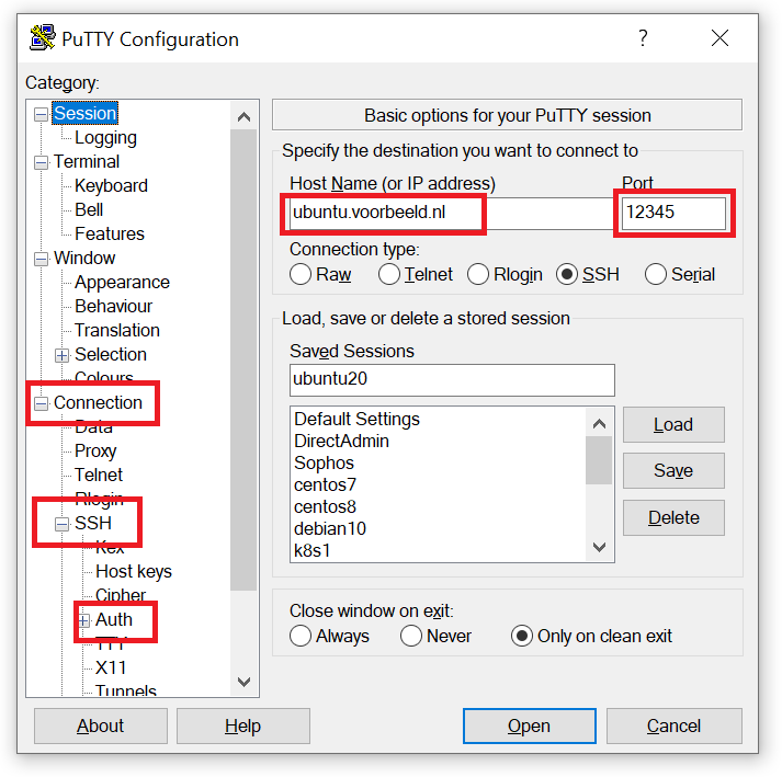 putty host name connection
