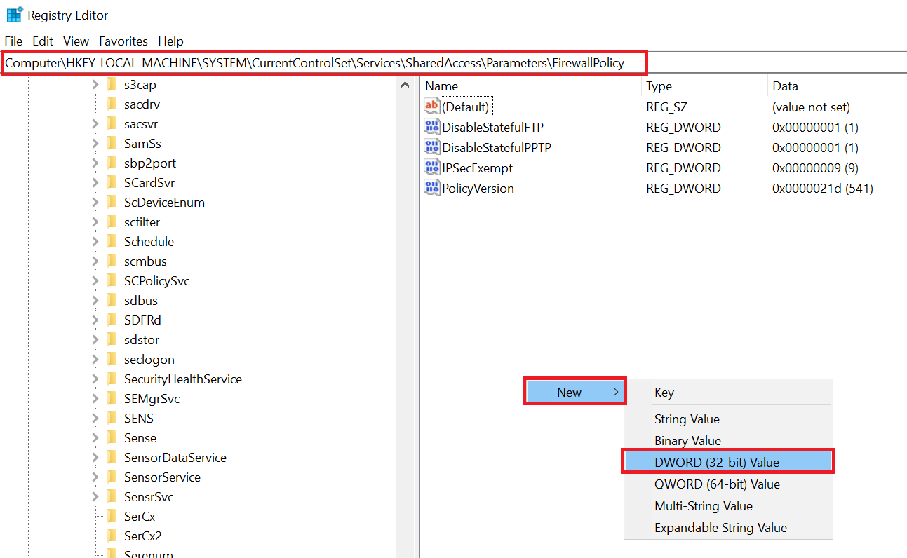 regedit firewallpolicy new dword