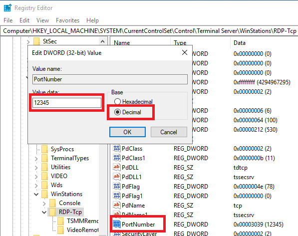 windows regedit change rdp port number