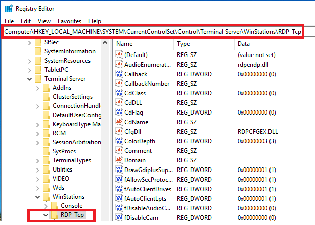regedit enter rdp tcp folder