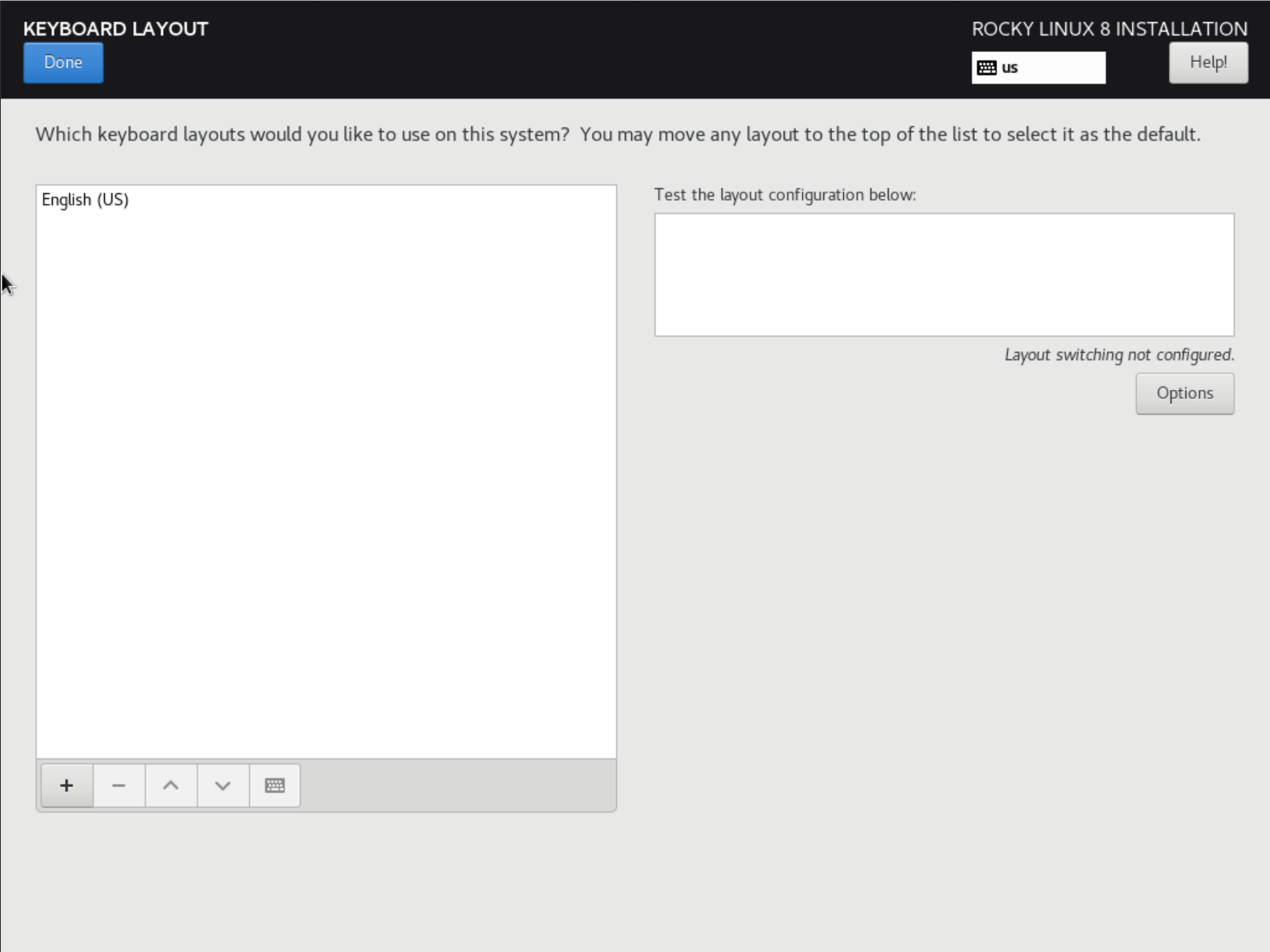 rocky linux 8 installation keyboard layout