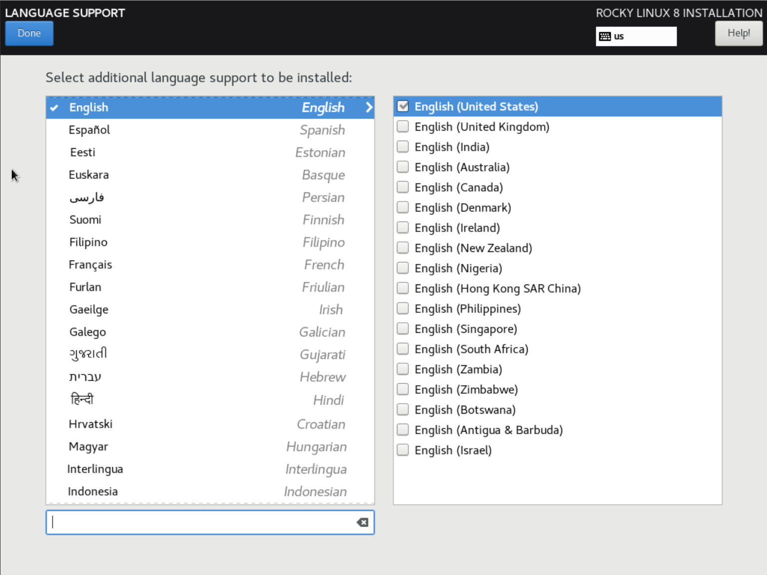 rocky linux 8 installation language selection