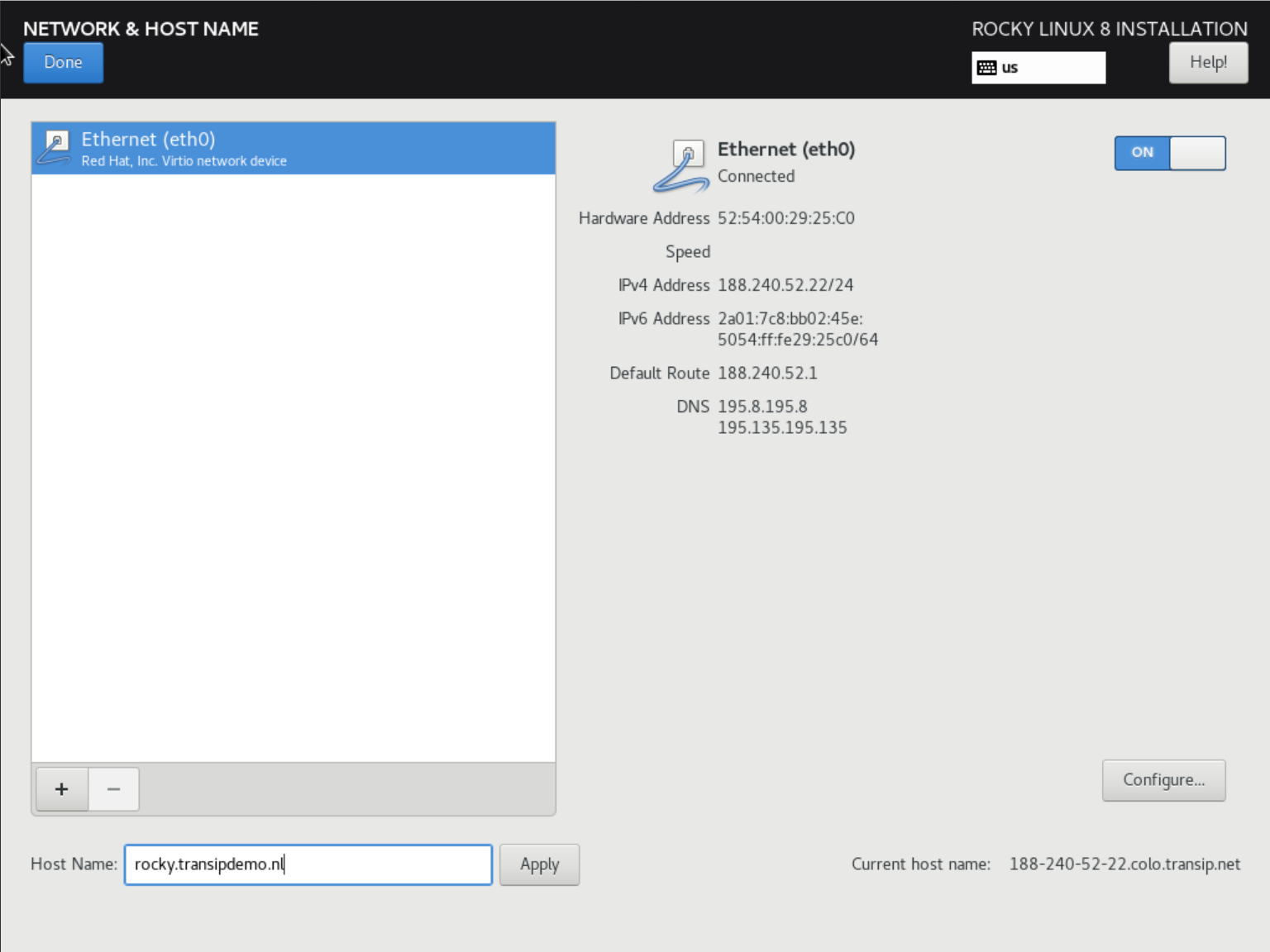 rocky linux 8 installation network & hostname