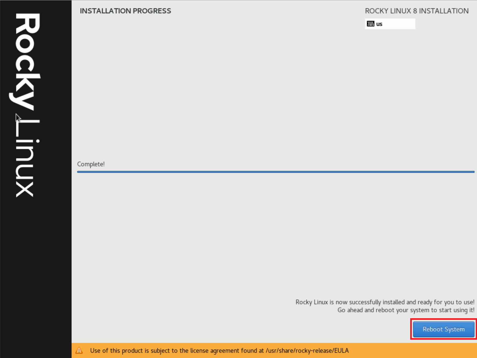 rocky linux 8 installation finished