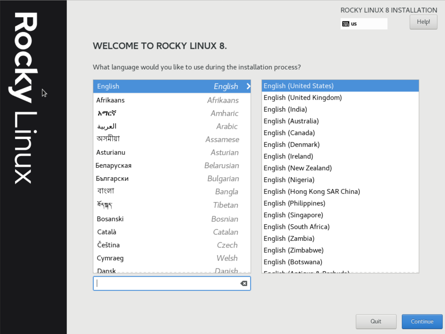 rocky linux 8 installation language selection