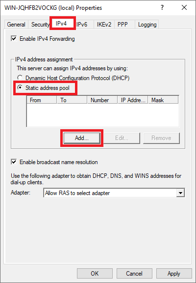 routing remote access ipv4 range