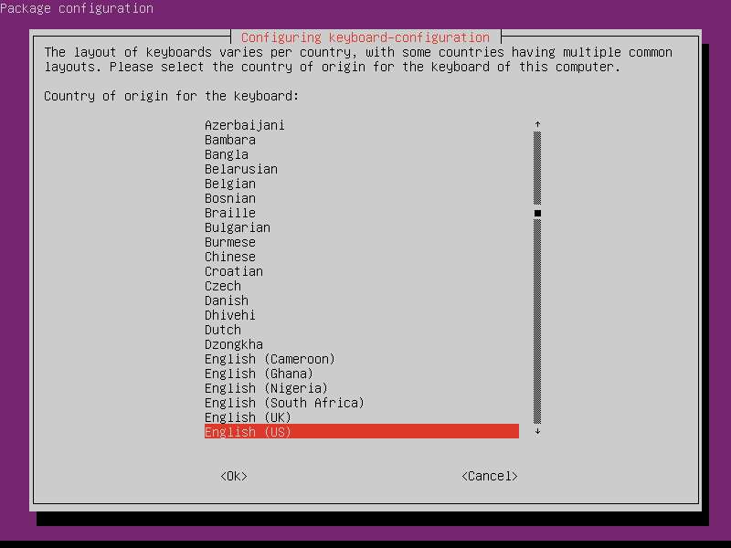dpkg keyboard configuration - select keyboard layout