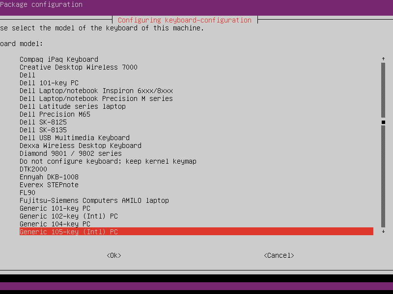 dpkg keyboard configuration - select model