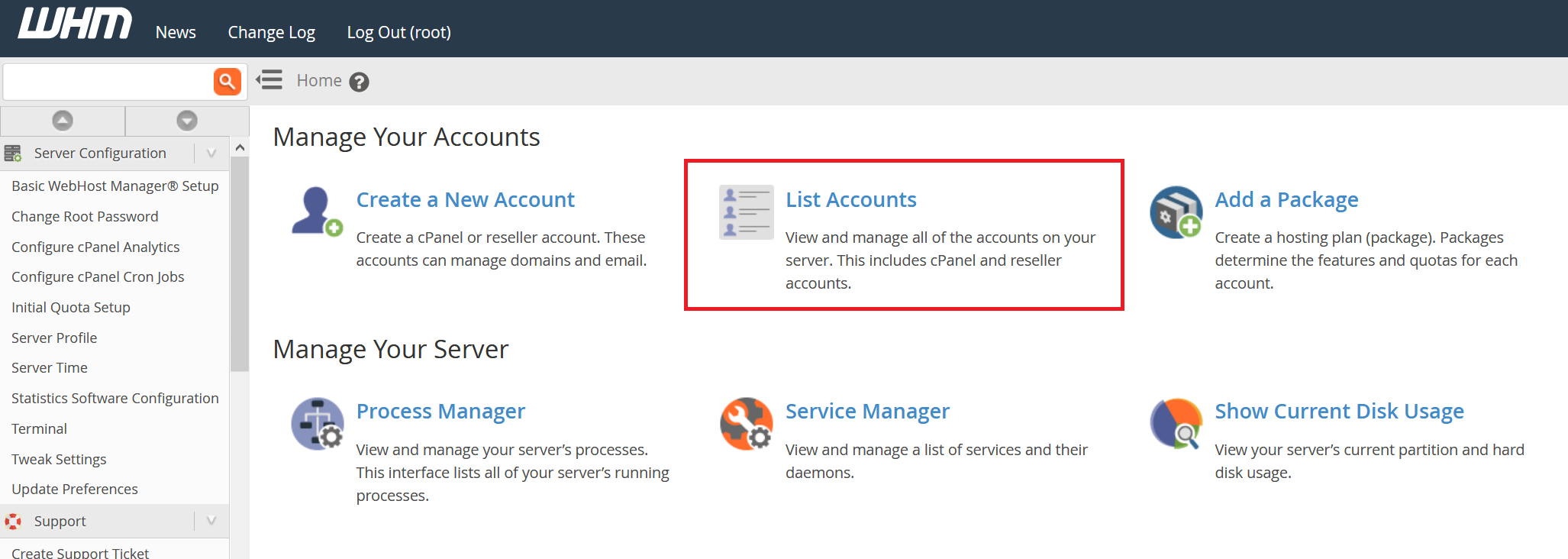 whm manage accounts list accounts