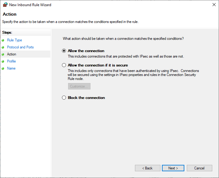 windows firewall action allow