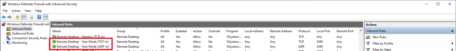 windows firewall advanced rdp